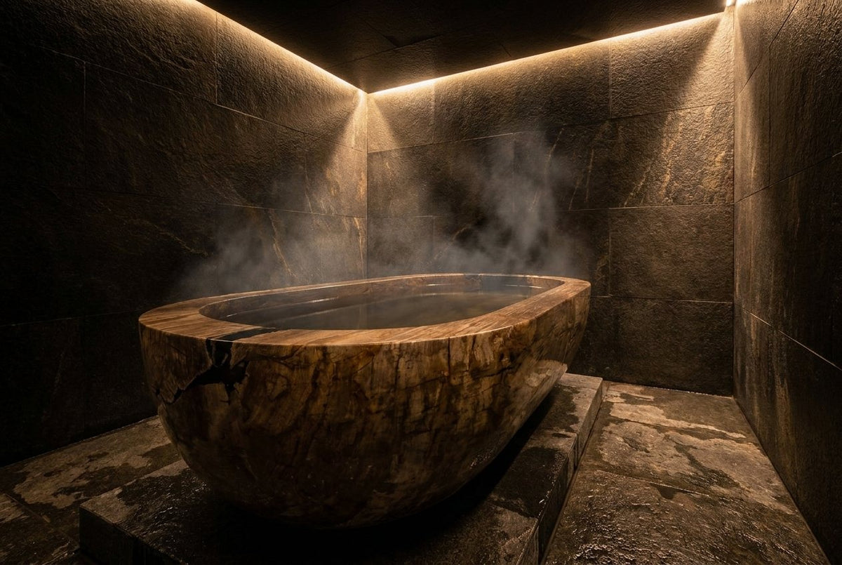 Petrified wood vessel filled with steaming water in a dark stone room