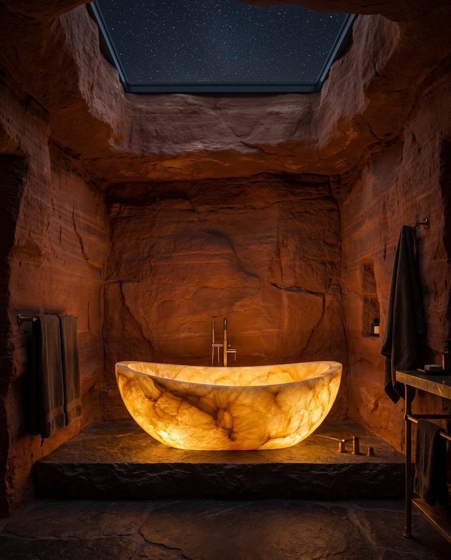 Backlit honey onyx vessel glowing in a desert canyon suite
