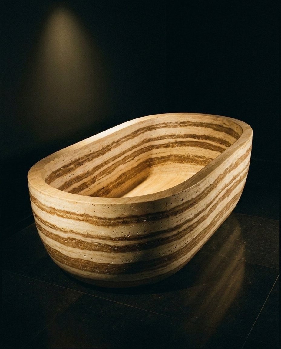 Banded honey travertine vessel under a studio spotlight
