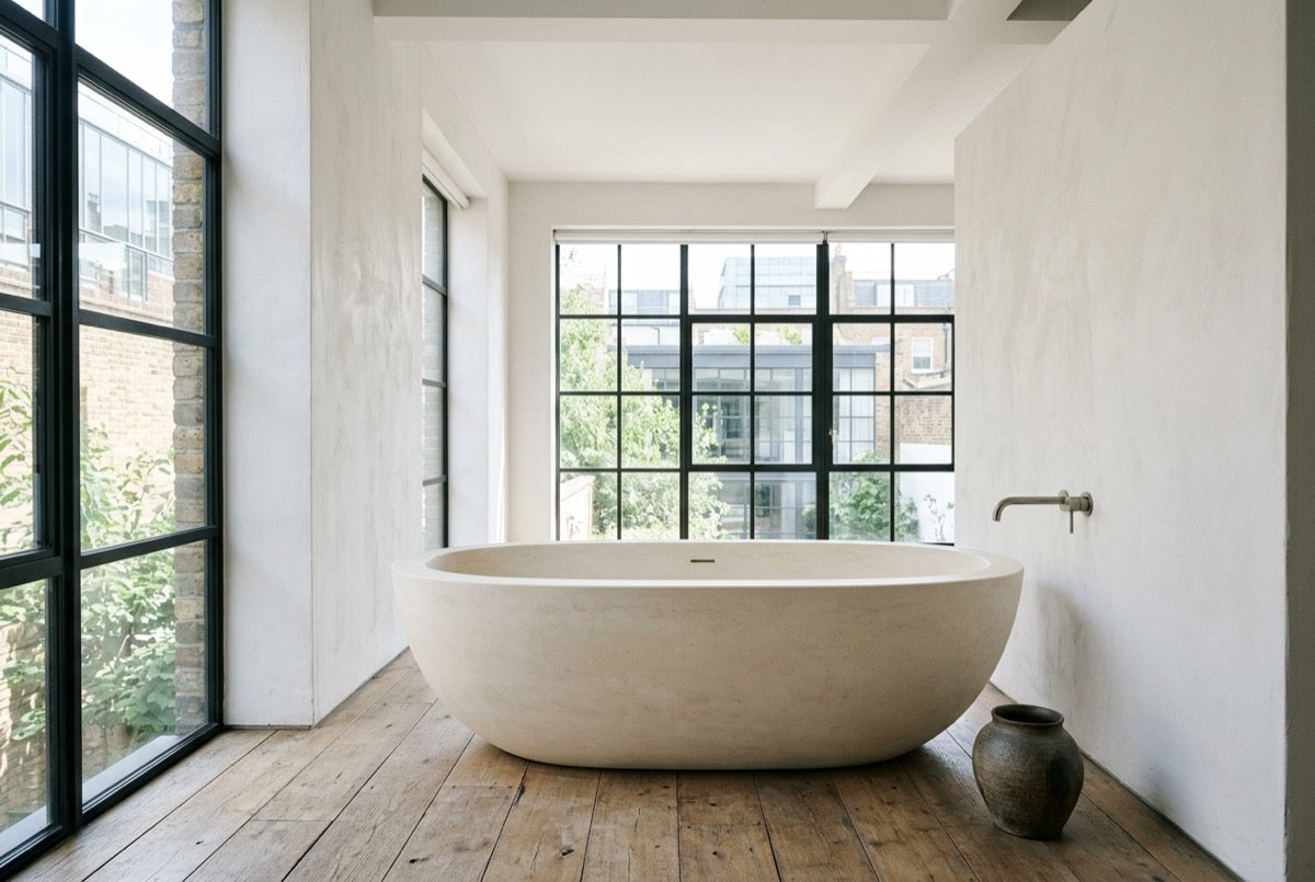 Aura in Cream Limestone — White loft, daylight