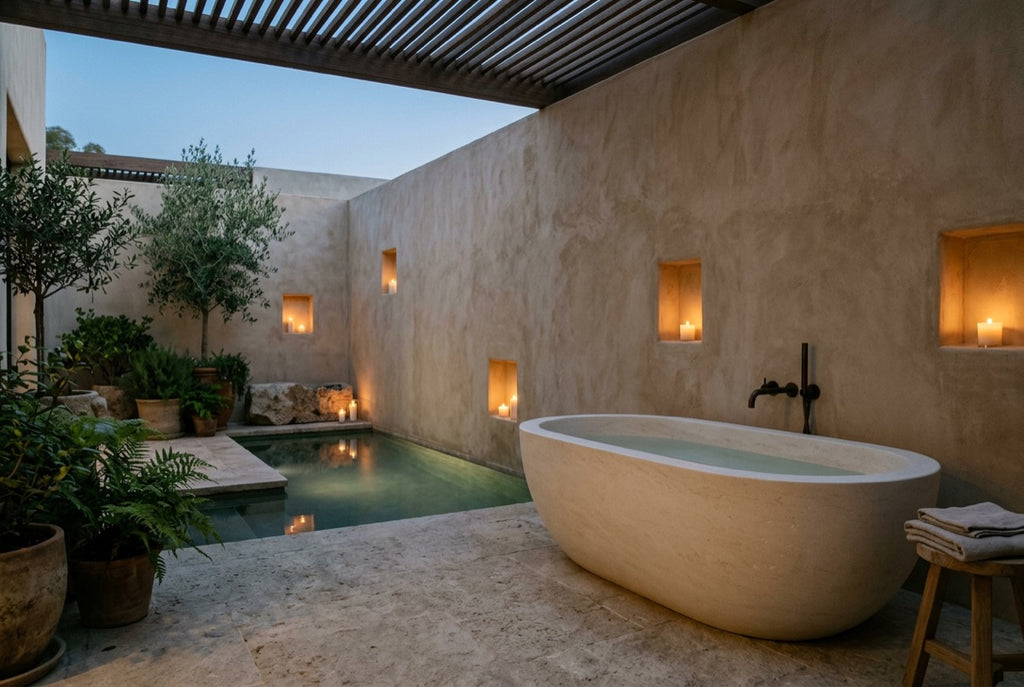 Aura in Cream Limestone — Spa courtyard at dusk