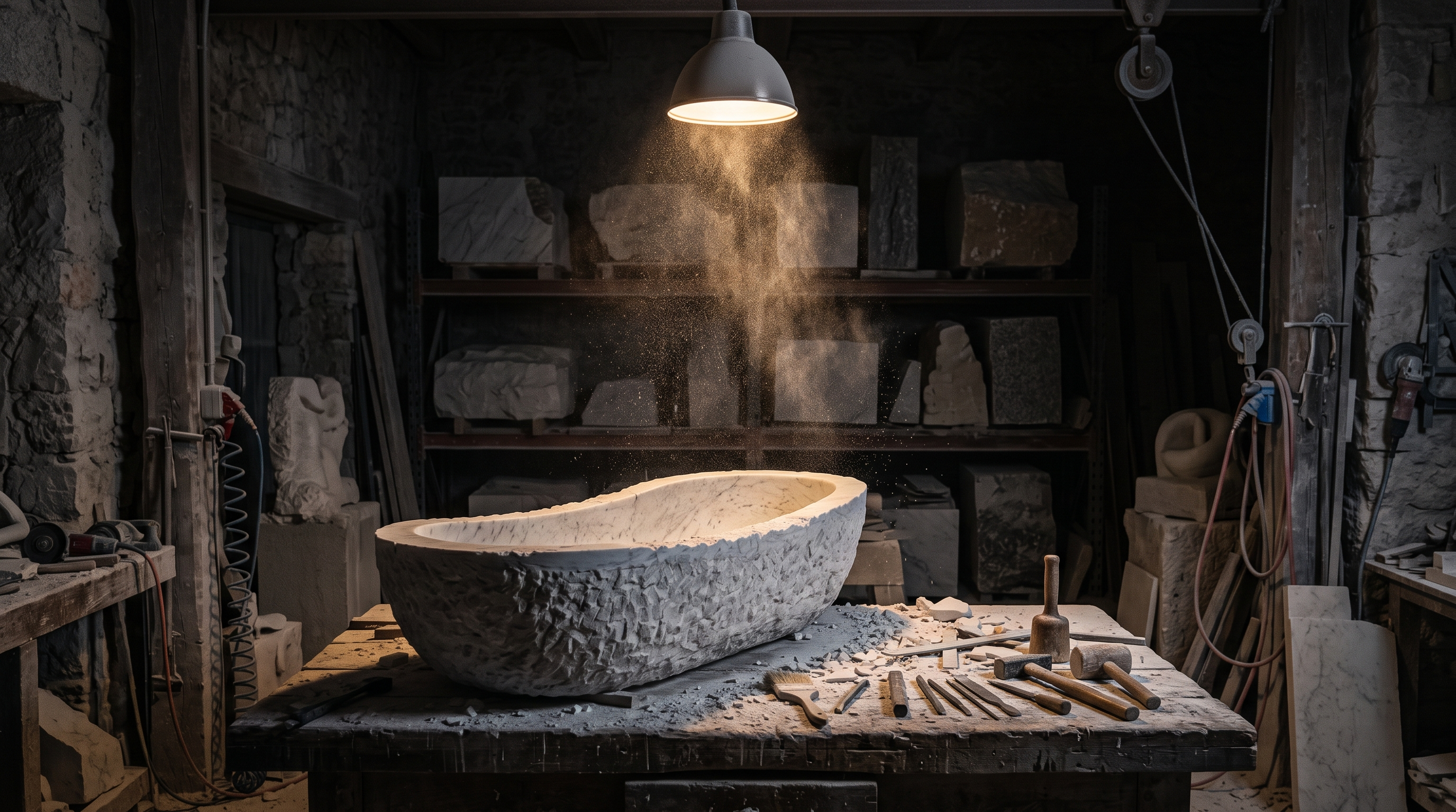 The atelier at night — quarried blocks and a vessel in carving