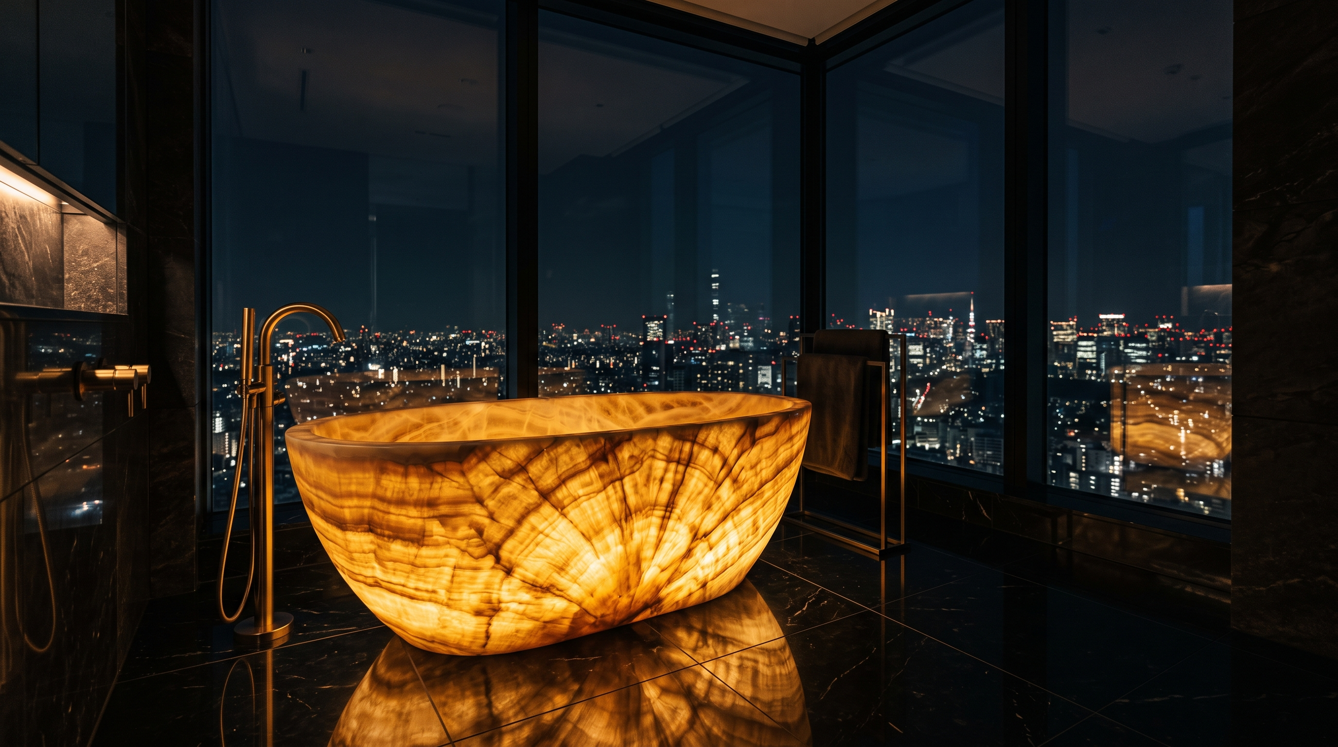 Glowing honey onyx vessel before a night skyline — visualisation