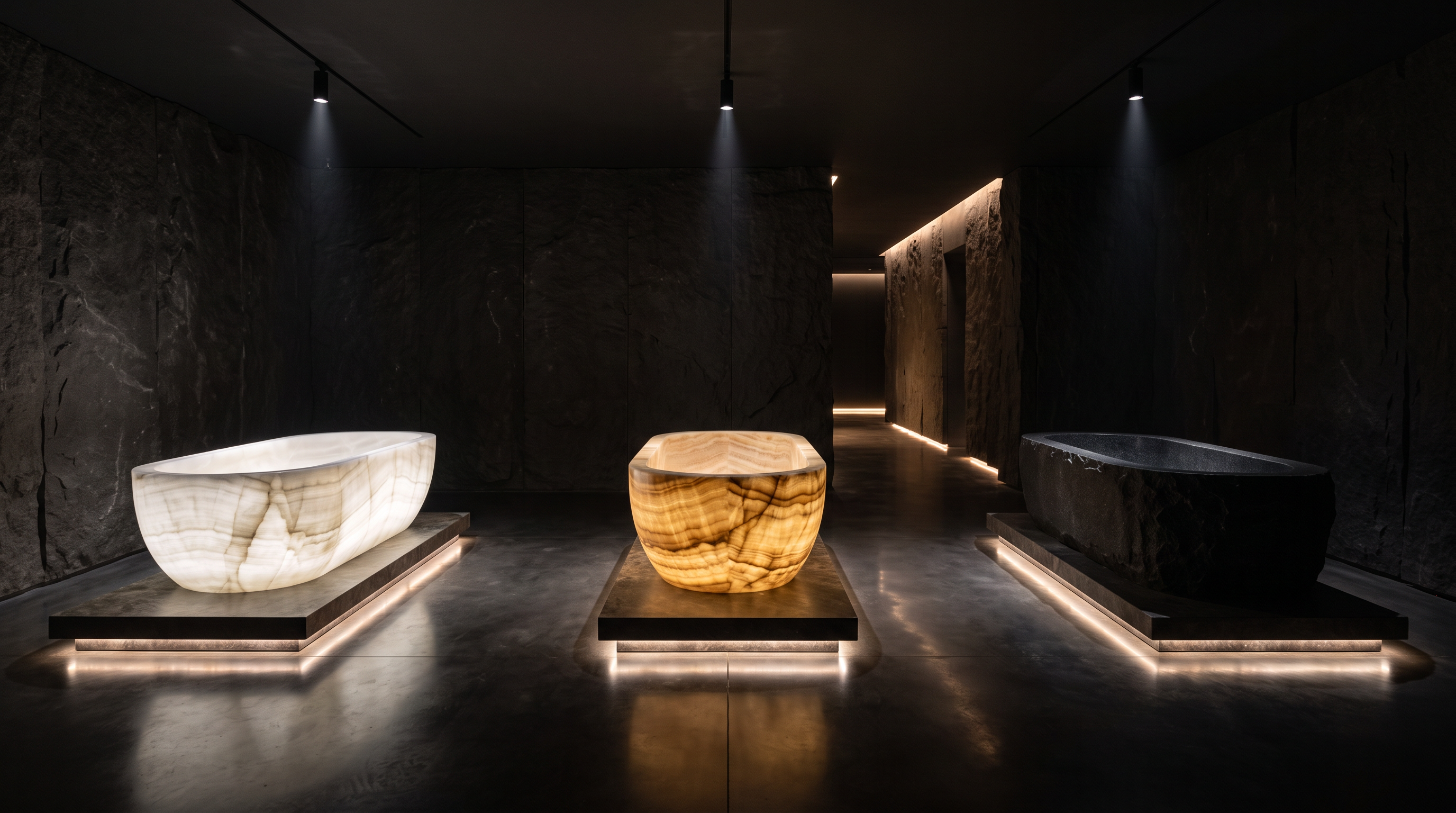 Three stone vessels under spotlights in a night gallery — visualisation
