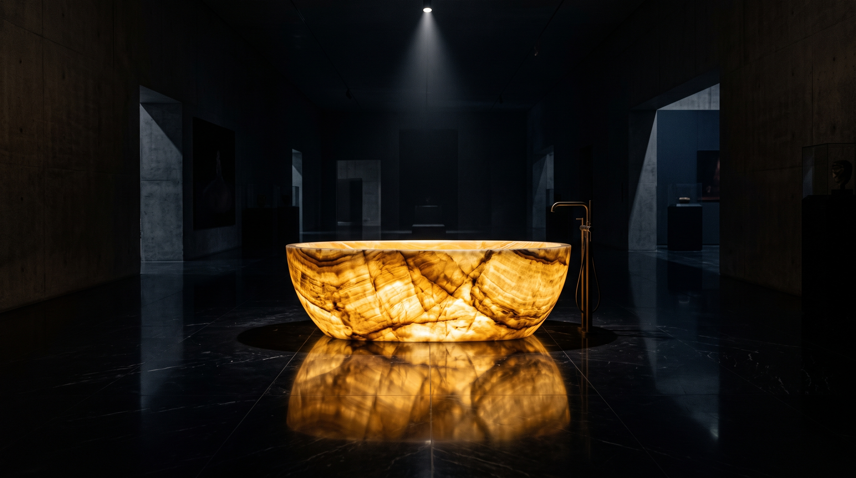 Glowing honey onyx bathing vessel in a dark gallery — visualisation
