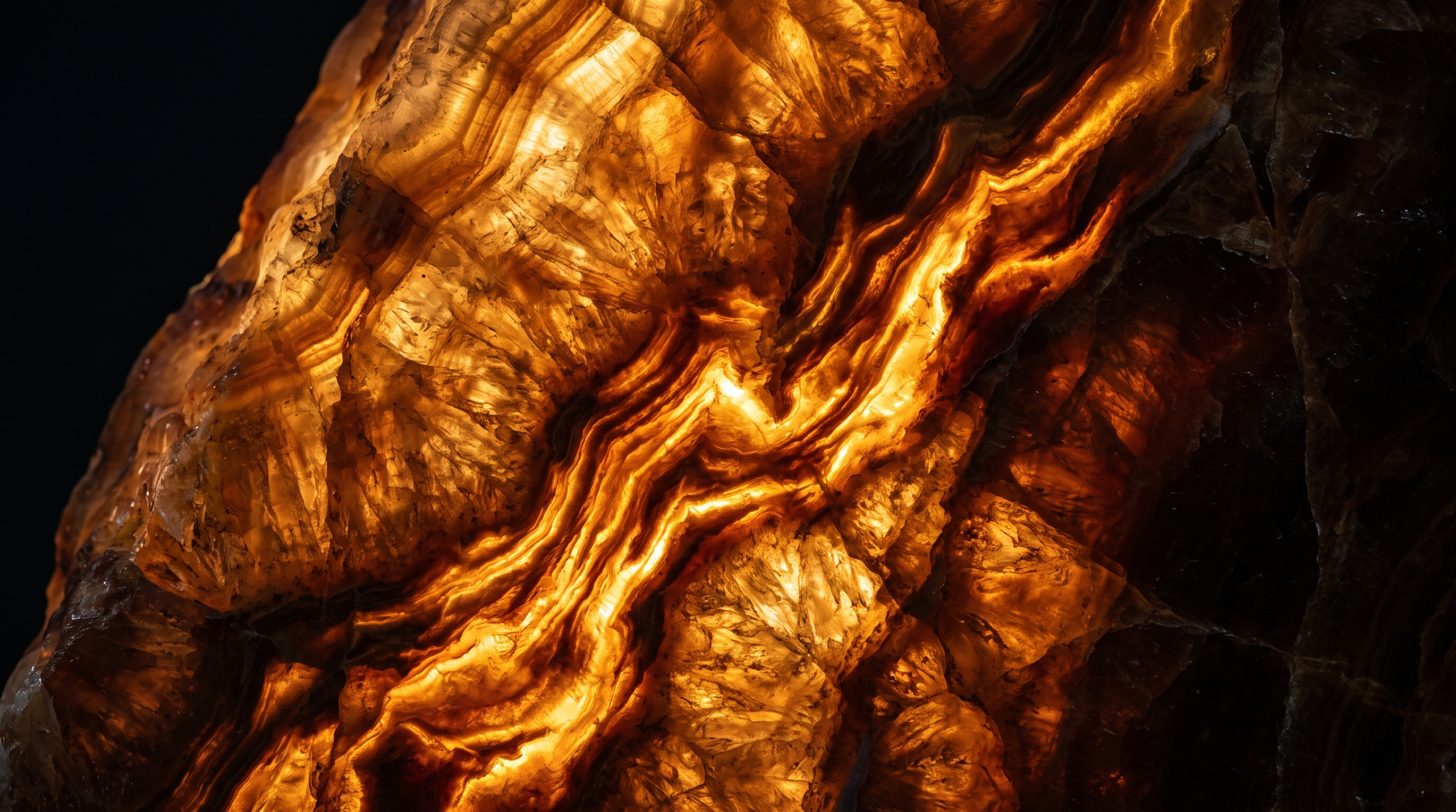 Backlit honey onyx veins glowing — macro texture