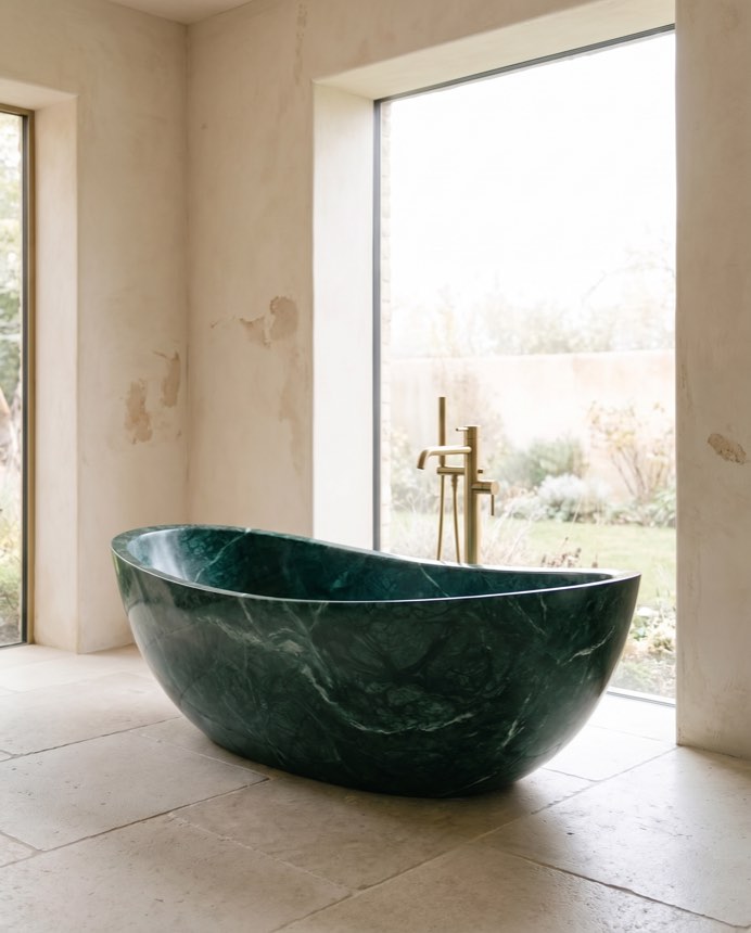 Imperial stone bathing vessel in a wabi-sabi bathroom — Atelier Earthmade