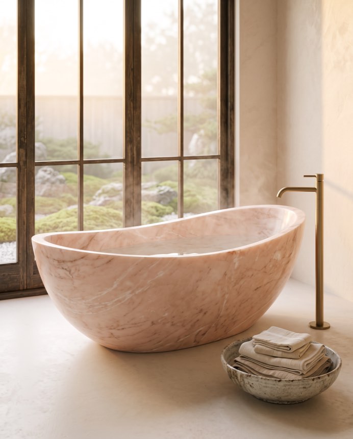 Rosa stone bathing vessel in a wabi-sabi bathroom — Atelier Earthmade