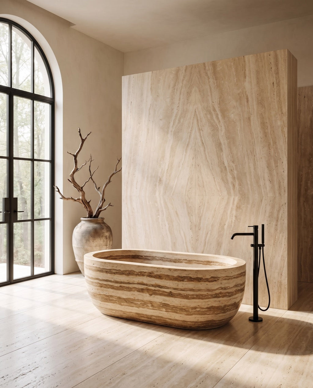 Tivoli stone bathing vessel in a wabi-sabi bathroom — Atelier Earthmade