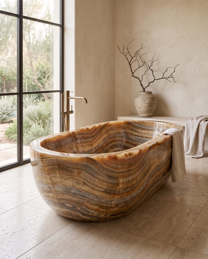 Aeon stone bathing vessel in a wabi-sabi bathroom — Atelier Earthmade