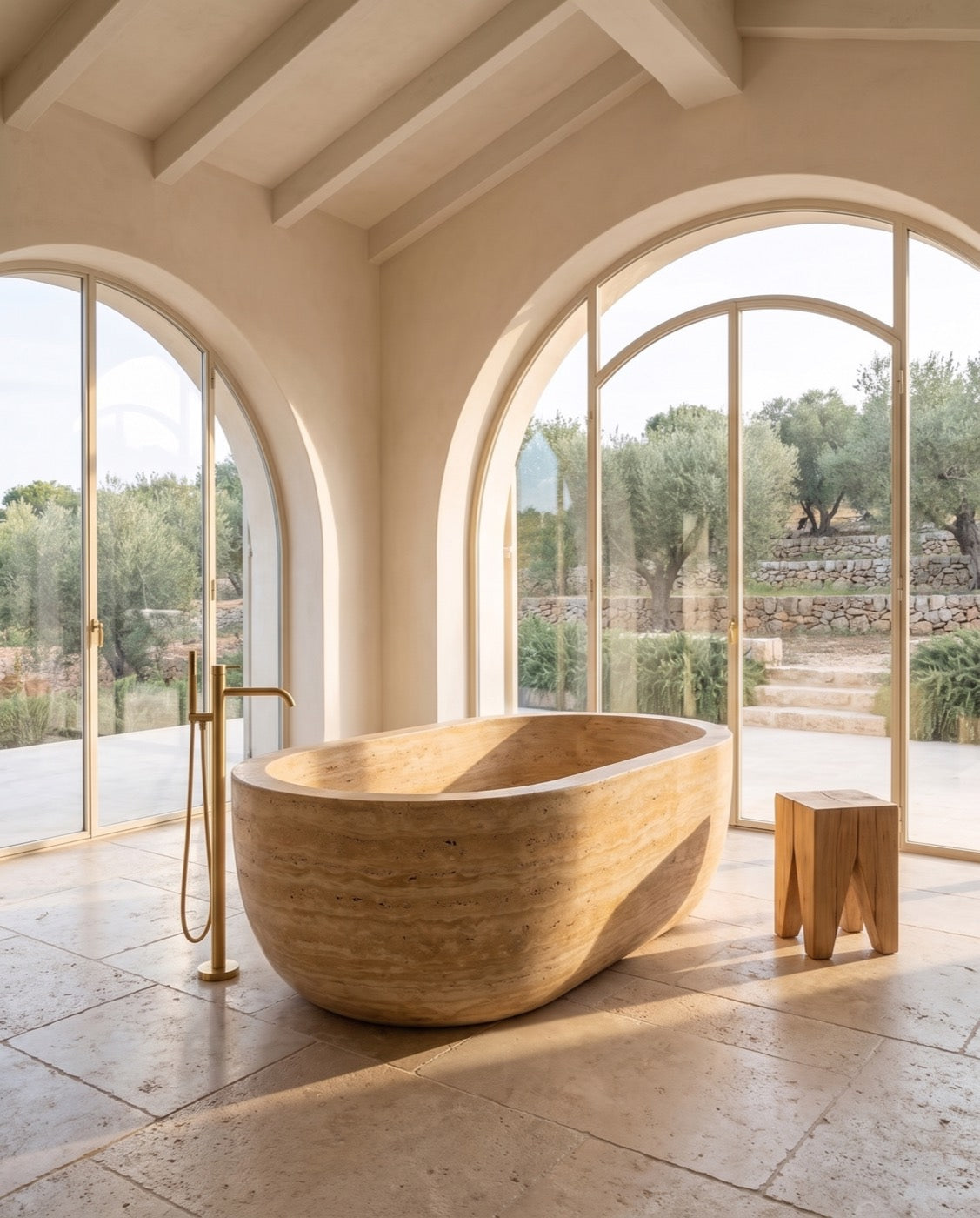 Monolith stone bathing vessel in a wabi-sabi bathroom — Atelier Earthmade