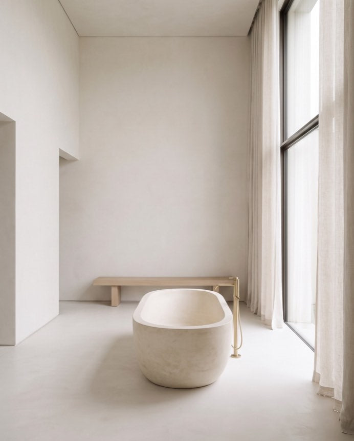 Aura stone bathing vessel in a wabi-sabi bathroom — Atelier Earthmade