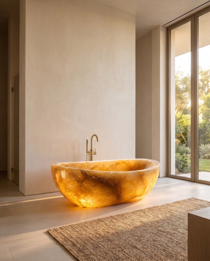 Candela stone bathing vessel in a wabi-sabi bathroom — Atelier Earthmade