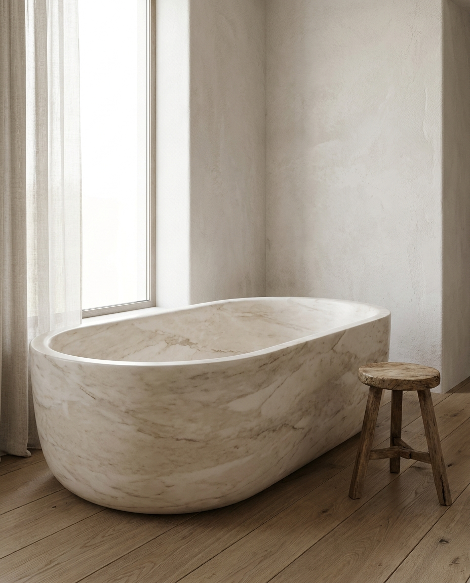 Sonoma California Beige Marble oval bathing vessel in a wabi-sabi bathroom