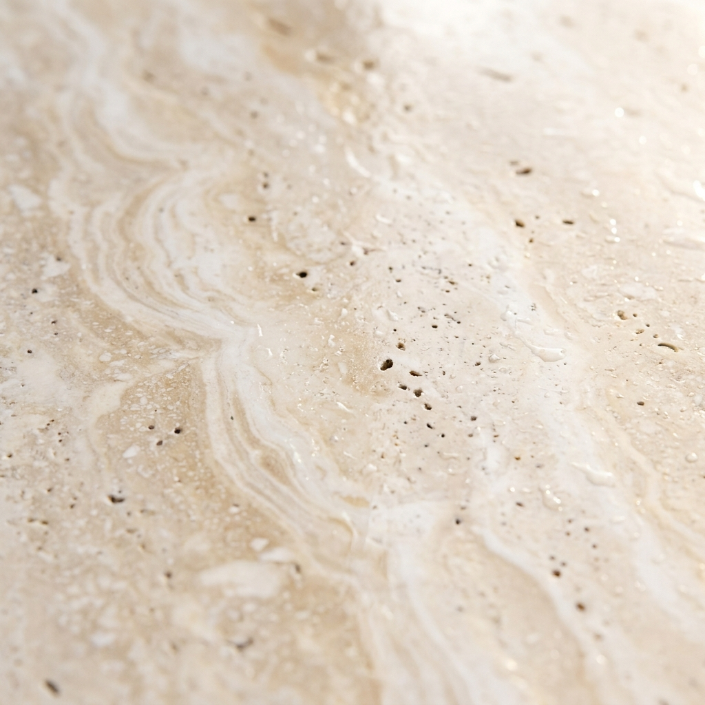 Beige-White Travertine — polished stone detail, Atelier Earthmade