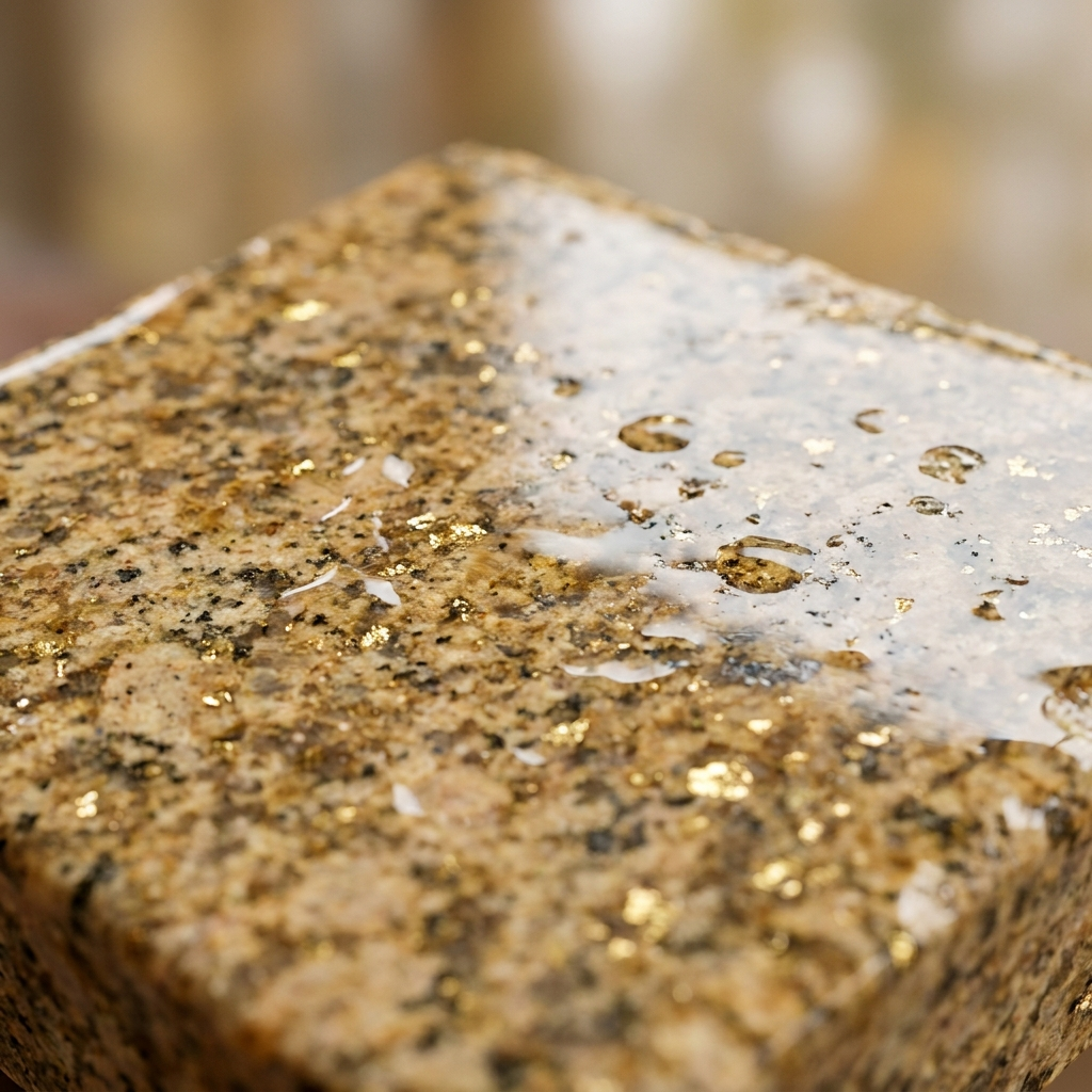 Golden Hemp Granite — polished stone detail, Atelier Earthmade
